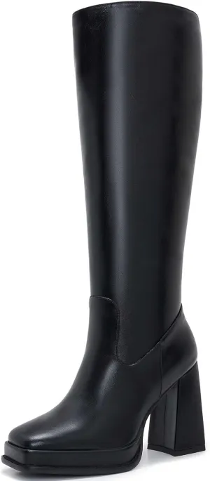 ZXHYZLZ Slim Calf Boot Knee High for Women Square Toe Chunky Heeled Platform Tall