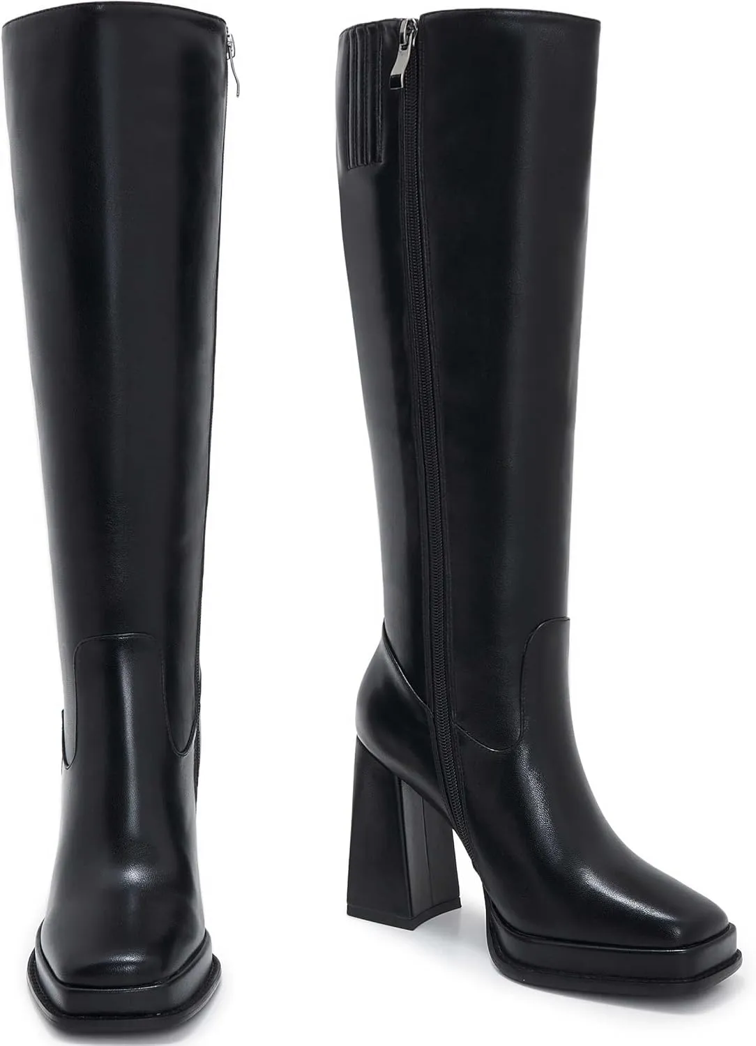 ZXHYZLZ Slim Calf Boot Knee High for Women Square Toe Chunky Heeled Platform Tall